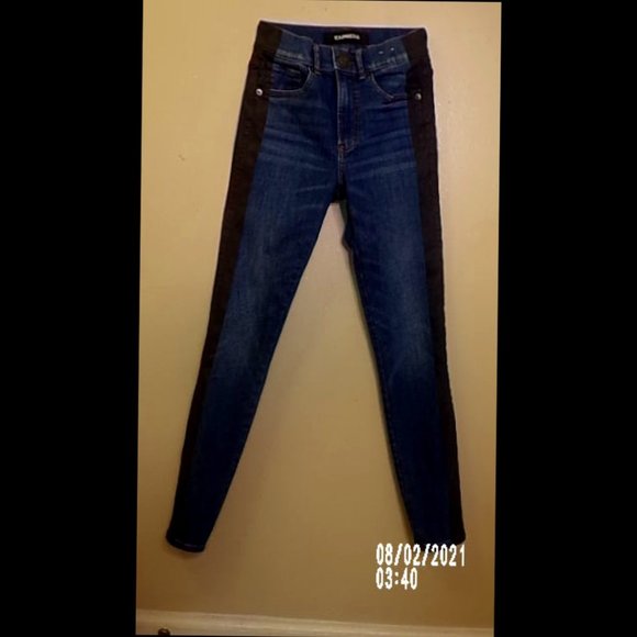 Black Leather Accent Blue Jeans Size OR - Picture 1 of 3